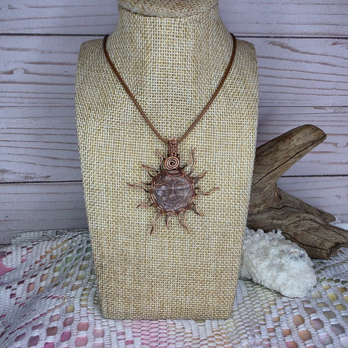 ☀️ Copper-Wrapped Carved Sunstone Pendant ☀️