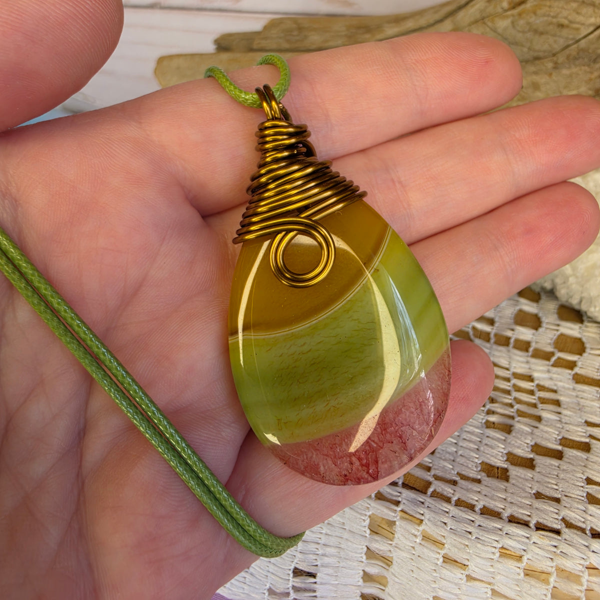 Dyed Agate • Vintage Bronze Wire-Wrapped Pendant