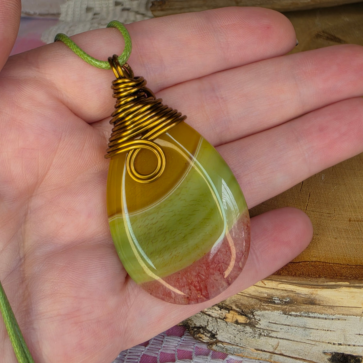 Dyed Agate • Vintage Bronze Wire-Wrapped Pendant