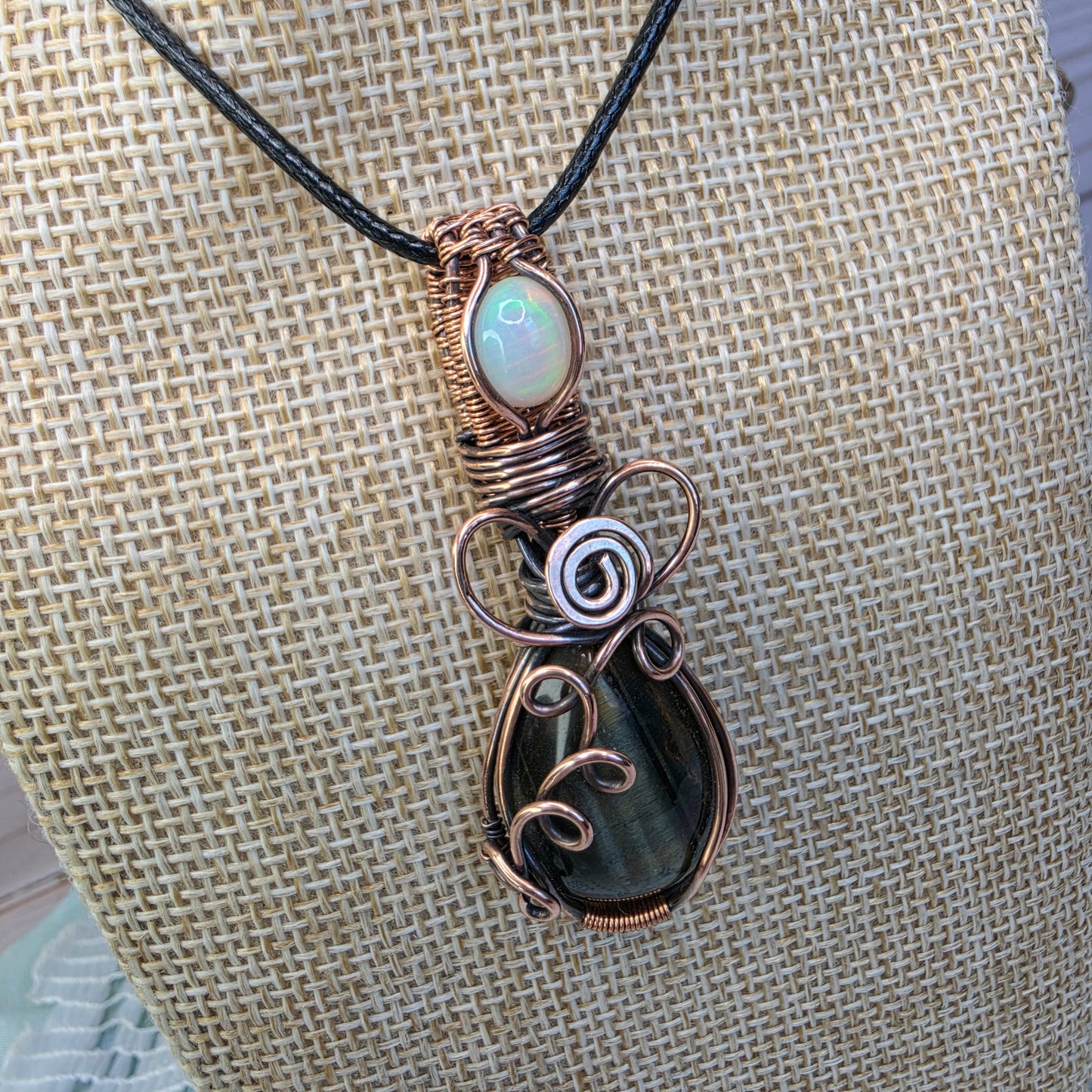 Blue Tiger's Eye & Opal Wire-Wrapped Pendant