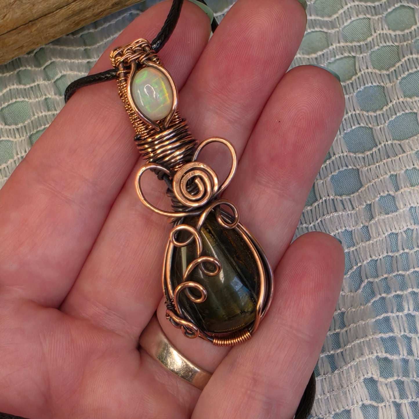 Blue Tiger's Eye & Opal Wire-Wrapped Pendant