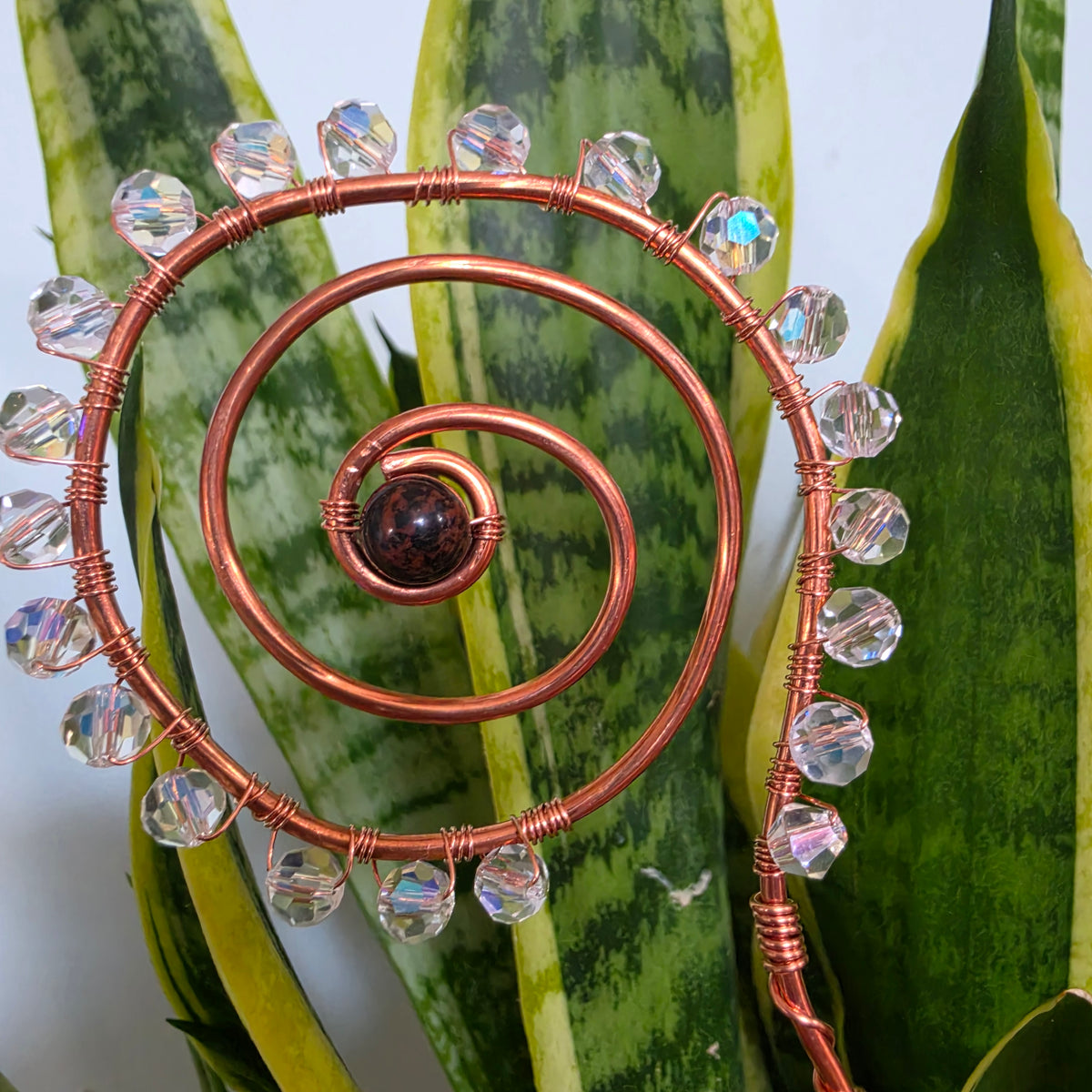 Mahogany Obsidian Copper Spiral Plant Stake